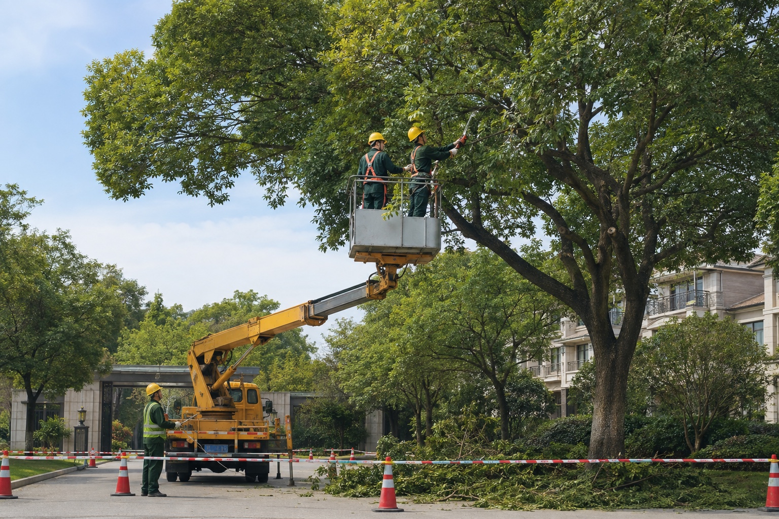 专业工人使用高空作业车修剪大型乔木